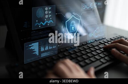 A futuristic cybersecurity dashboard for a Security Operations Center (SOC). The system monitors the network, analyzes data for threats, and provides Stock Photo