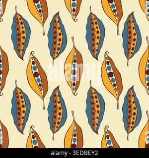 Seamless Ethnic Botanical Pattern with Stylized Seed Pods and Beans in Blue and Ochre Earthy Palette for Textile, Wrapping Paper, and Organic Branding Design. Vector illustration Stock Vector