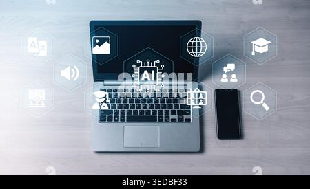 Modern workspace featuring a laptop and smartphone displaying artificial intelligence icons, illustrating the integration of technology in daily tasks Stock Photo