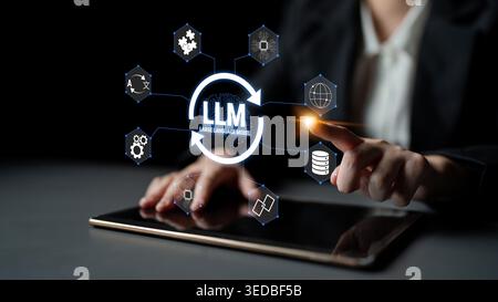 Digital Interface Demonstrating Large Language Model Technology with Iconography and Graphical Elements Depicting AI, Data, and Networking Concepts Stock Photo
