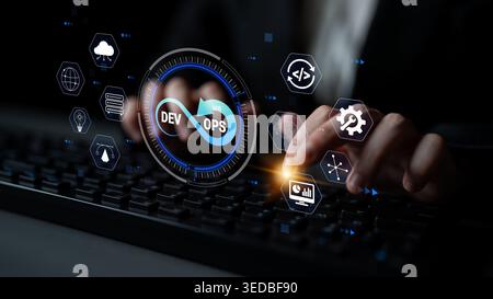 Hands typing on a keyboard with digital icons representing DevOps, cloud computing, software development, automation, and technology integration Stock Photo