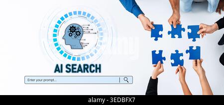 Hands come together to fit blue puzzle pieces in a modern workspace, symbolizing teamwork and technology as essential elements for problem-solving and Stock Photo