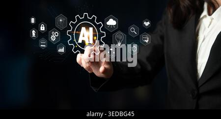 Business Professional Interacting with Artificial Intelligence Technology Visuals in a Dark Background with Futuristic Icons and Graphics Quark. Stock Photo