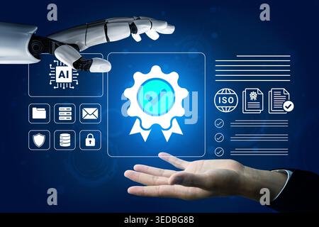 Digital representation of artificial intelligence technology in quality assurance with a robotic hand and certification badge, illustrating trust Stock Photo