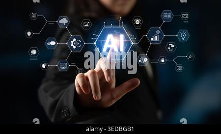 A concept of a comprehensive AI business suite. This integrated platform provides tools for all business needs, including e-commerce, marketing, cloud Stock Photo