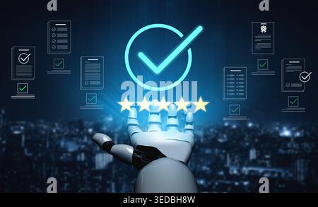 A robotic hand reaches out to engage with a digital interface featuring checkmarks and star ratings against a vibrant city backdrop at night Stock Photo