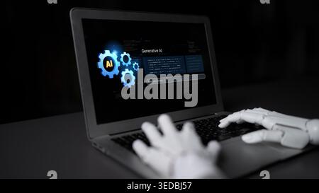 A generative AI assistant displays its own enterprise platform. This technology demonstrates its machine learning capabilities for business automation Stock Photo