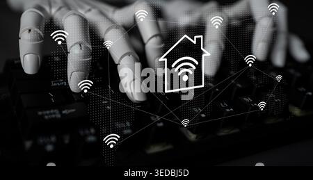 A robotic hand interacts with a digital keyboard while symbolizing home automation with connectivity icons, showcasing the fusion of technology and Stock Photo