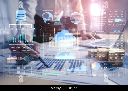 A business professional works with advanced data visualization tools in a modern office, analyzing key metrics and insights displayed on digital Stock Photo
