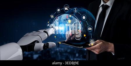 Futuristic Robot Hand Interacting with Digital Globe and Tablet Displaying Connections and Technology Innovations in Dark Background Haptic. Stock Photo
