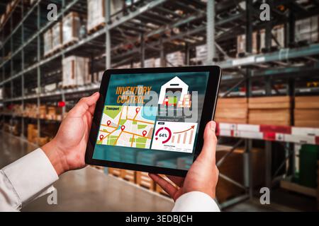 Warehouse management innovative software in computer for real time monitoring of goods package delivery . Computer screen showing smart inventory Stock Photo
