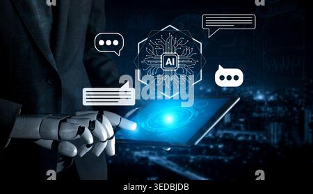 A futuristic scene featuring a robotic hand engaging with a tablet that displays AI communication icons, symbolizing the blend of technology and Stock Photo
