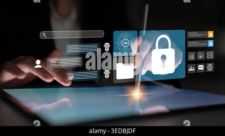Modern digital security concept featuring a touchscreen tablet with interface elements, including lock icon and data protection visuals, showcasing Stock Photo