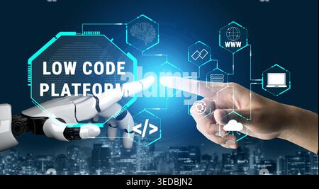 Futuristic Representation of Collaboration Between Human and Robot with Low Code Platform Technology and Modern Digital Elements in a Tech-Driven Stock Photo