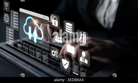 Cloud upload and download icon with surrounding data management, security, and analytics icons in digital interface Parse Stock Photo