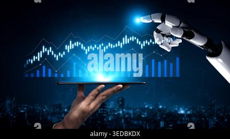 A futuristic scene featuring a robotic hand reaching towards a glowing data visualization on a tablet, symbolizing the convergence of technology and Stock Photo
