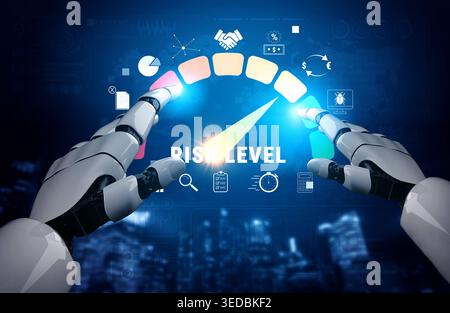 Futuristic Robotic Hands Interacting with Digital Risk Level Meter Displaying Financial Analytics and Data Insights Technology Background Quark. Stock Photo