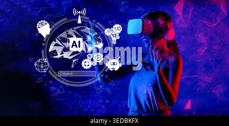 This image captures a person engaging with virtual reality technology, illustrating the innovative interaction between AI and users in a vibrant Stock Photo