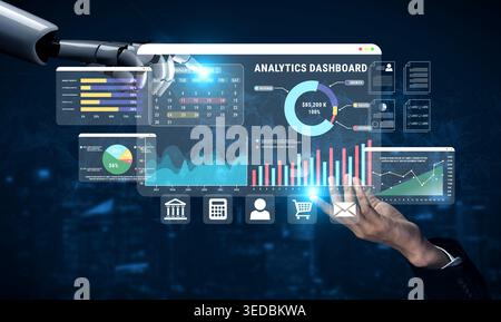 Futuristic Robotic Hand Interacting with Advanced Data Analytics Dashboard on Computer Screen in Modern Business Environment Haptic. Stock Photo
