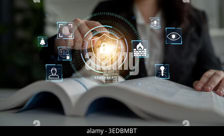 Business Professional Engaging with Digital Security Icons and Concepts over an Open Book in Modern Office Environment Quark. Stock Photo