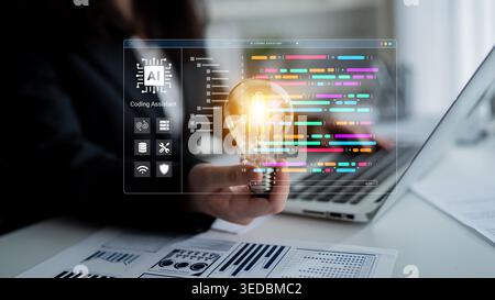 This image showcases a light bulb symbolizing innovation and creativity in coding assistance by artificial intelligence, set against a modern Stock Photo