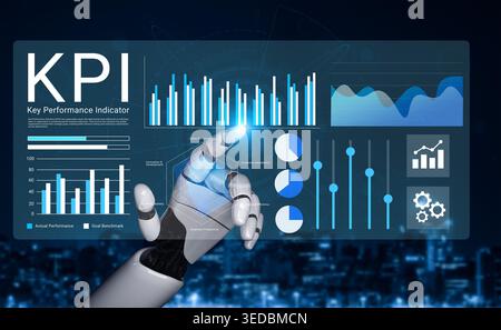 A modern robotic hand is touching a digital dashboard displaying key performance indicators, graphs, and statistics against a glowing urban background Stock Photo