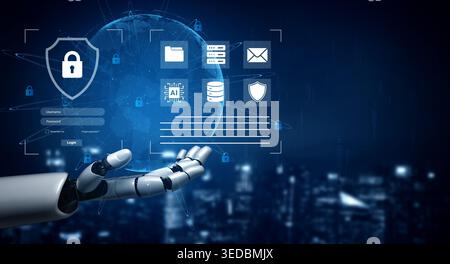 A futuristic robotic hand interacts with digital icons representing security and data protection. This image illustrates the convergence of technology Stock Photo