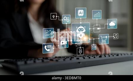 AI agents orchestrate workflows across prompts, media, email and analytics. AI coordinates tasks, strengthens operations, and improves efficiency for Stock Photo