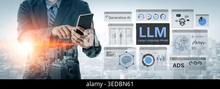 Large Language Model LLM processing data. Represents deep text learning, natural language processing NLP AI tech, transformer architecture, and Stock Photo