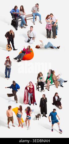 Vertical lifestyle collage with young people using gadgets, music, sport and casual activities on white background. Stock Photo