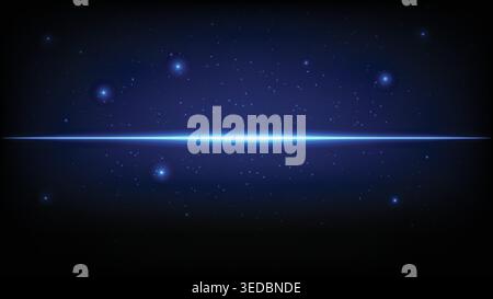 Futuristic glowing horizontal lens flare with sparkling stars on dark cosmic background Stock Vector
