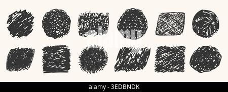 Scribble sketch crayon texture, sketch. Expressive hand drawn inky crosshatch stains and blobs. Grunge box frame set, dripping drops, torn paper, graffiti elements. Pencil squiggles, scribbles. Vector illustration Stock Vector