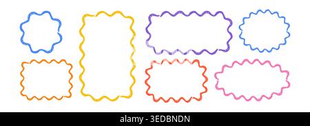 Scribble crayon doodle scalloped frames set. Chalk grunge girly blobs for text. Fluffy, wiggle label, stamp. Wavy whimsical edges curly doodle border. Vector illustration Stock Vector