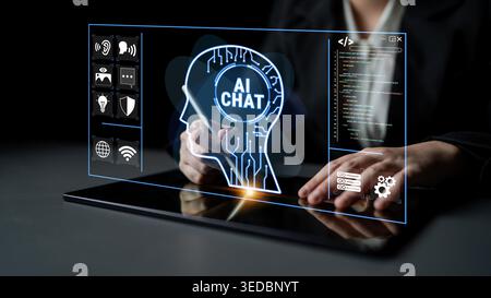 Futuristic Technology Interface Displaying AI Chat Concept with Hands Engaging in Digital Screen Interaction and Data Visualization Haptic. Stock Photo