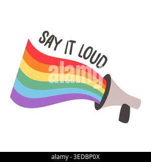 Megaphone illustration with rainbow pride flag and queer slogan isolated on white. Bold retro aesthetic graphic for LGBTQ pride month celebration Stock Vector
