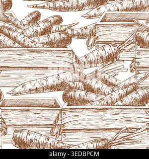 Hand drawn sketch of carrots in wooden crate. Seamless pattern background with fresh vegetable harvest. Graphic line art design for packaging, organic Stock Vector