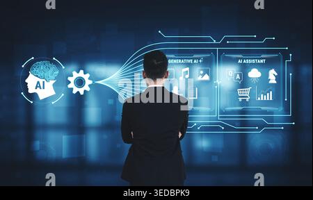 Businessman Observing Innovative AI Technology and Tools in a Modern Digital Environment for Future Growth and Development Fluxor. Stock Photo