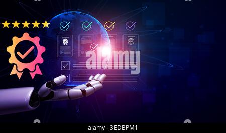 A robotic hand showcases a quality certificate against a planetary backdrop. The image symbolizes innovation in technology and automation Stock Photo