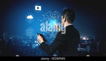 Businessman Engaging with Artificial Intelligence Technology in Modern Urban Landscape at Night, Future Innovations Concept Haptic. Stock Photo