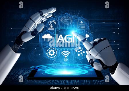Futuristic Robotic Hands Interacting with Digital Interface Featuring Artificial Intelligence, Automation, Connectivity, and Innovative Technologies Stock Photo