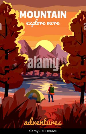 Travel poster mountain autumn adventure trekking Stock Vector