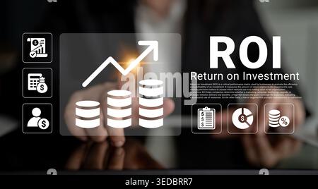 Dynamic image showcasing financial concepts of return on investment, highlighting growth trends and analysis through visual graphs and key symbols to Stock Photo