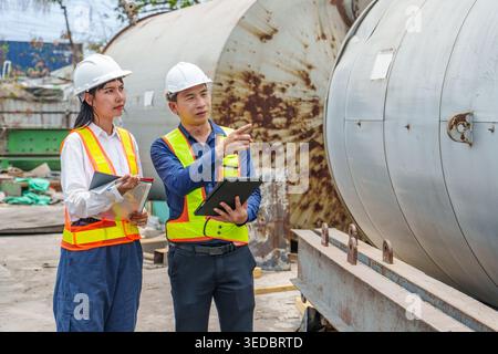Professional industrial team in high-vis vests reviewing data on a tablet and pointing toward large metal storage tanks during a facility inspection Stock Photo