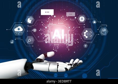 A generative AI assistant showcases its cognitive platform. This system powers conversational chatbots and intelligent cloud data processing for user Stock Photo