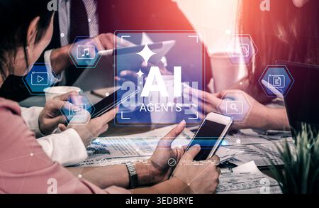 A dynamic business meeting scene featuring individuals engaging with technology while exploring the concept of AI agents. The blend of digital Stock Photo