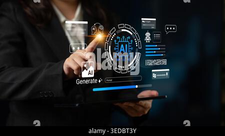 A professional individual interacts with a digital tablet displaying advanced AI graphics and data, symbolizing modern technology and future Stock Photo