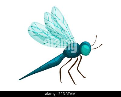 Colorful illustration of a teal blue dragonfly with transparent wings showing detailed vein pattern, compound eyes and segmented body, side view, isol Stock Vector