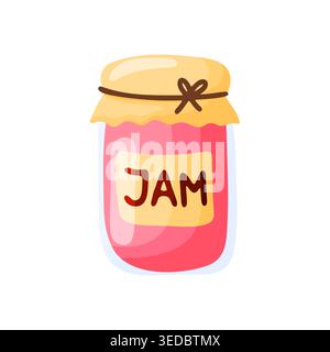 Cartoon illustration of a glass jar of pink strawberry jam with a yellow fabric lid tied with a bow and a label, isolated on white background, food an Stock Vector
