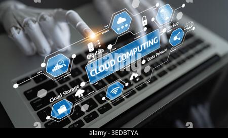 A conceptual image illustrating the interaction with cloud computing technology on a laptop, showcasing data management and security features that Stock Photo