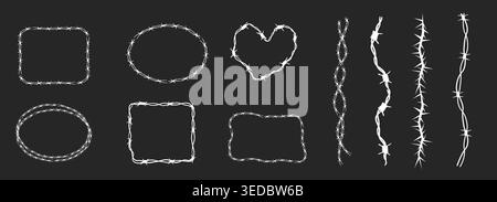 Barbed wire frame and border set, fence. Spiked wire with sharp barbs along its perimeter. Twisted ring y2k, round border tattoo, gothic textured steel frame,. Vector illustration Stock Vector